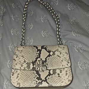 Tory Burch Cream and Black Snake-Print Shoulder Bag